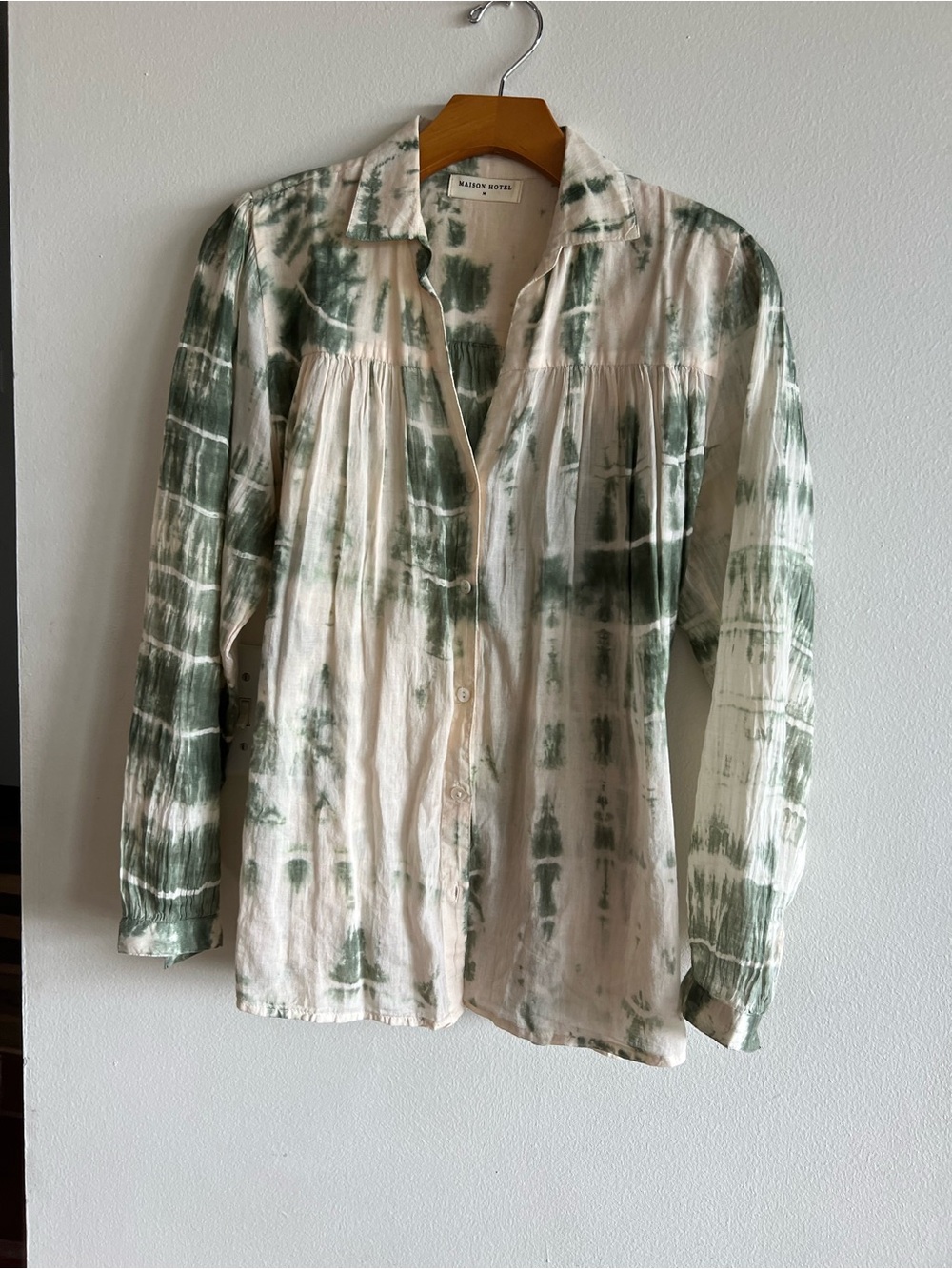 Maison Hotel Sage Green Cream Tie Dye Cotton Boho Blouse M